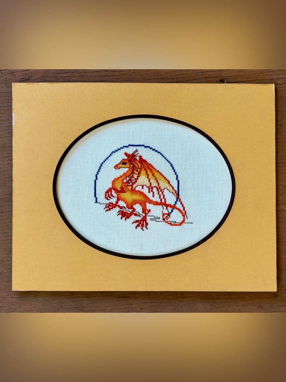 Original Art Cross Stitch Fiery Red Orange Dragon 14"x11" Double Matted Fantasy